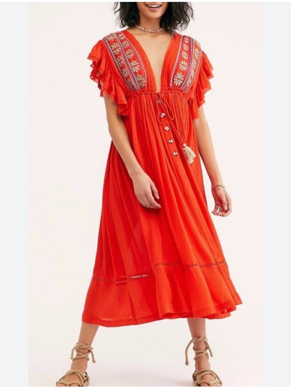 Free People orange Embroidered V-Neck Midi Dress size small 100% cotton